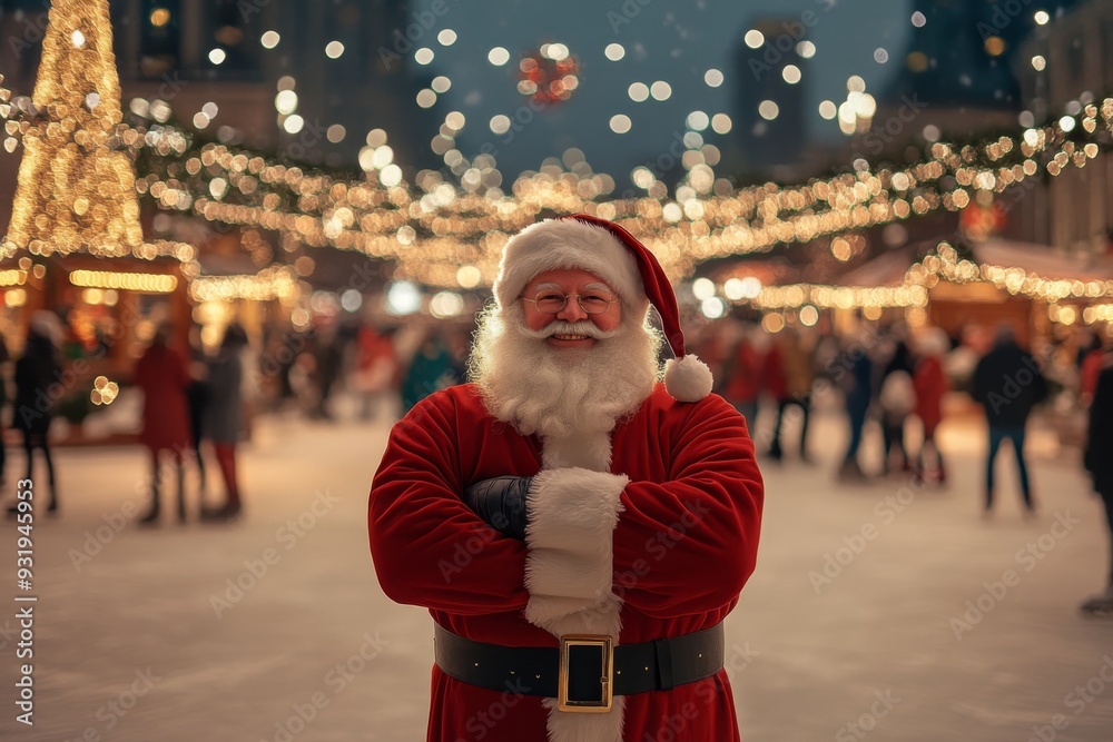 'Santa Claus stands confidently with arms crossed in a bustling city street adorned with lights and garlands. People joyfully ice-skate in the background.'