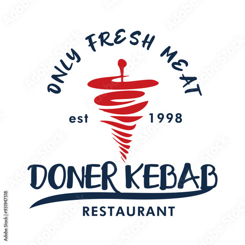 Doner Kebab or shawarma emblem. Restaurant, grill bar, barbecue symbol. Cuisine food, skewer or rotating spit with grilled meat. 
