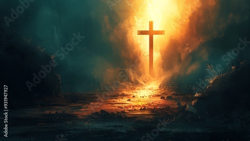 A minimalist illustration depicting the Resurrection of Jesus, emphasizing the moment of triumph and new life. The design features simple shapes and soft colors to convey hope and renewal.