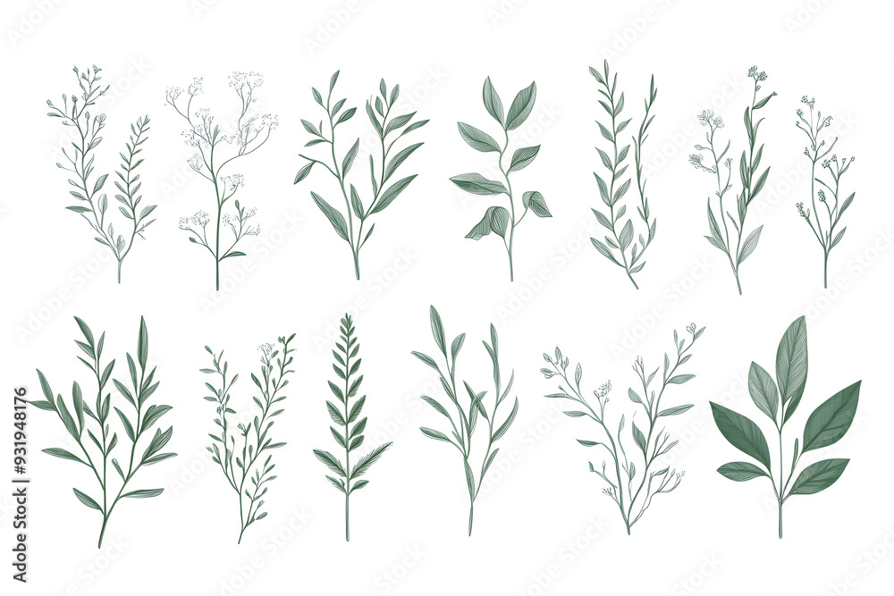 Detaillierte botanische Illustrationen von verschiedenen Blumen und Pflanzen Detaillierte botanische Illustrationen von verschiedenen Blumen und Pflanzen