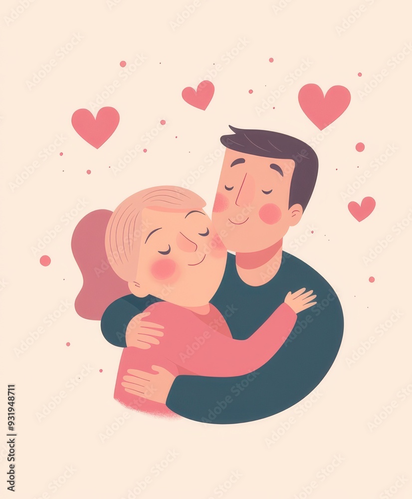A charming illustration of a cute couple embracing, surrounded by floating hearts, love concept.