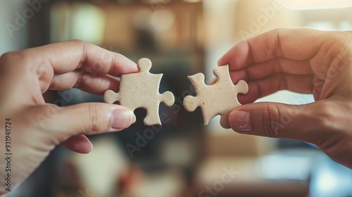 Partnership concept with hands holding matching puzzle pieces.