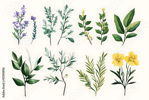 Detaillierte botanische Illustrationen von verschiedenen Blumen und Pflanzen