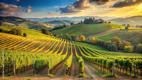 Vineyard nestled in the rolling hills of Tuscany, Italy , vineyard, Tuscany, Italy, wine, grapes, agriculture, countryside, landscape