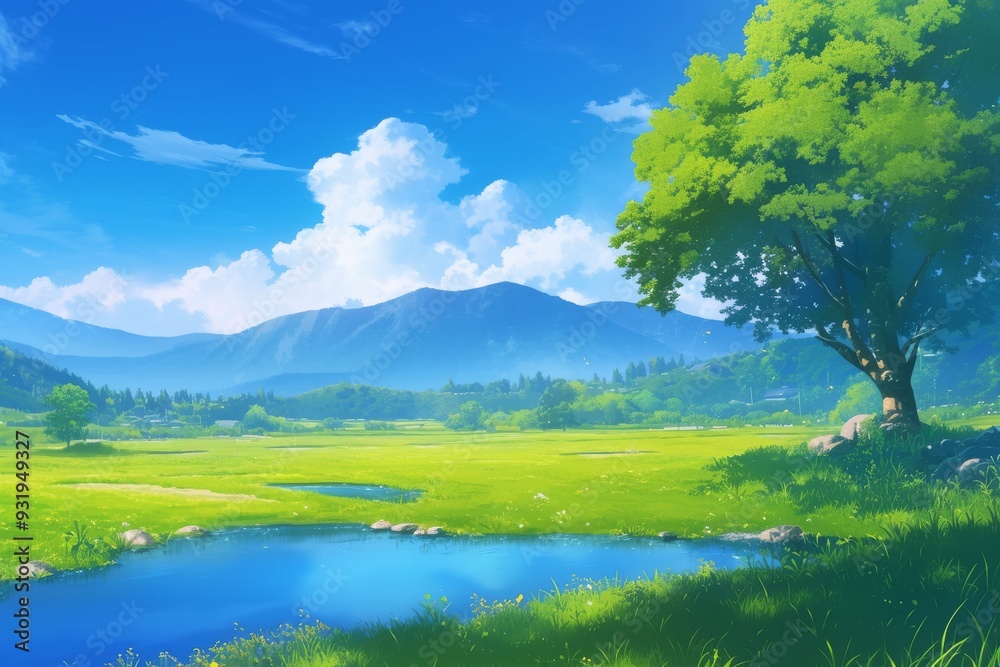 Serene Anime Landscape. Lush Green Meadow with Tranquil River and Majestic Mountains Serene Anime Landscape. Lush Green Meadow with Tranquil River and Majestic Mountains