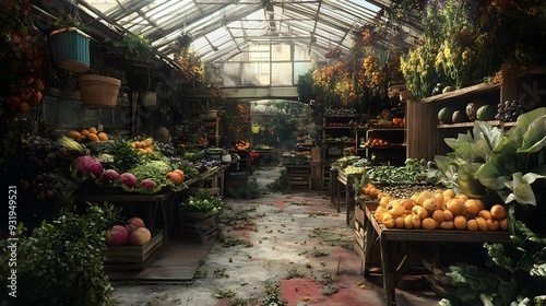 87. **A forsaken farmers is market with produce stands overrun by plants photo