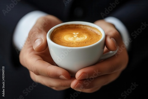 A closeup of a businessman holding a cup of espresso, ready to start a productive day in a highpaced environment