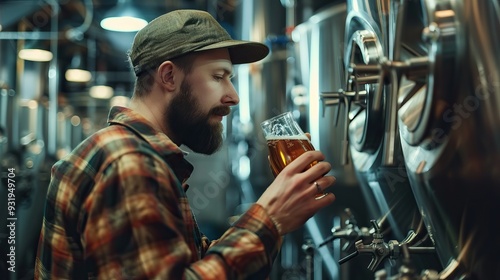brewer examining taste and color of the beer in his craft beer brewery