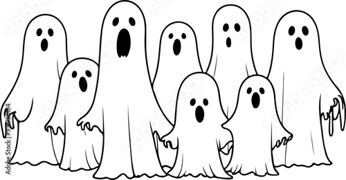 Groupe de fantômes amusants pour halloween, line art au trait noir sur fond blanc totalement transparent