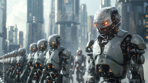 Military robots are deployed in formation, showcasing advanced technology in a vibrant, futuristic urban landscape