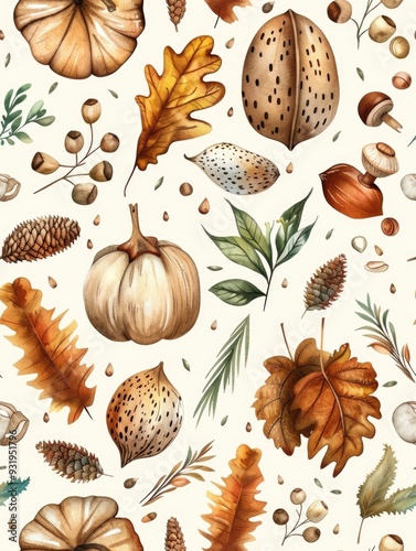 Seamless pattern of wild nuts and acorns in watercolor vector style. Autumn theme.