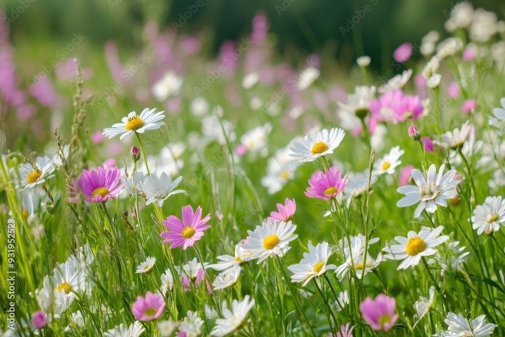 Meadow with Abundant White and Pink Spring Daisy Flowers, generative ai Meadow with Abundant White and Pink Spring Daisy Flowers, generative ai