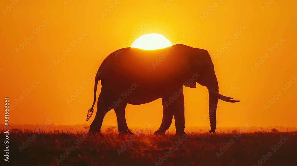 Naklejka premium Elephant silhouette with warm orange background conceptual selective focus