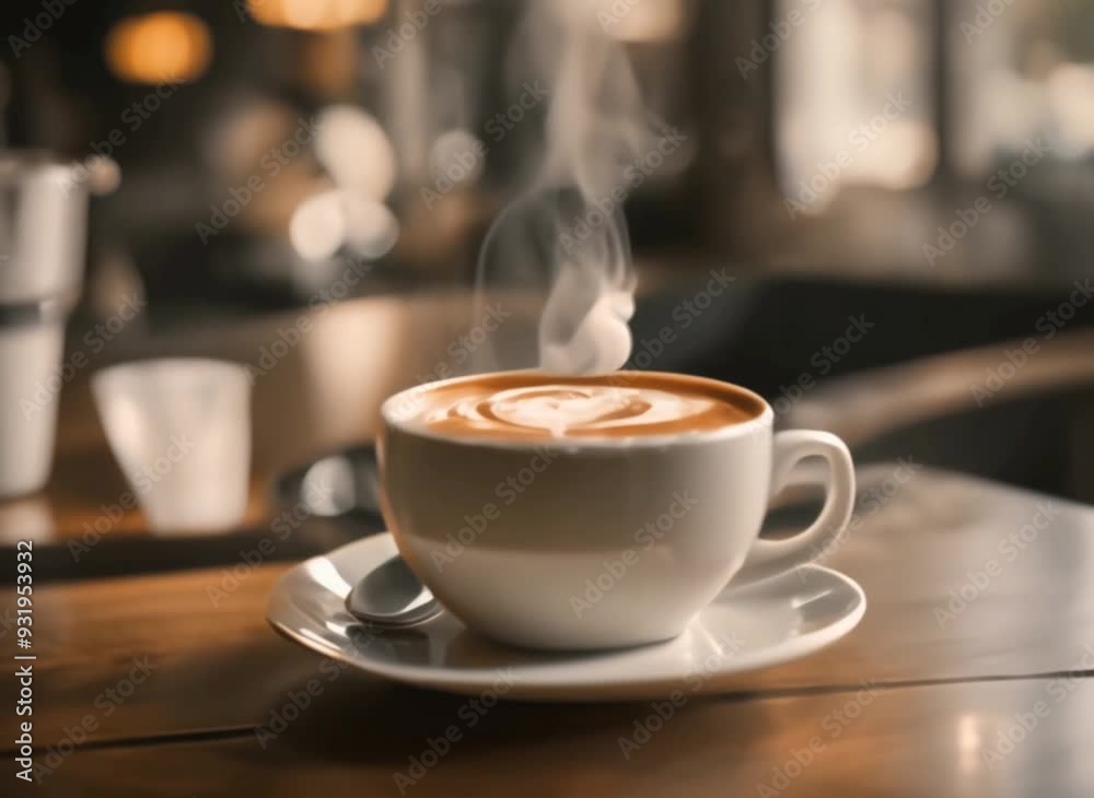Steaming cup of latte with heart-shaped latte art on a wooden table in a cozy cafe setting. Warm, inviting atmosphere perfect for coffee lovers Steaming cup of latte with heart-shaped latte art on a wooden table in a cozy cafe setting. Warm, inviting atmosphere perfect for coffee lovers