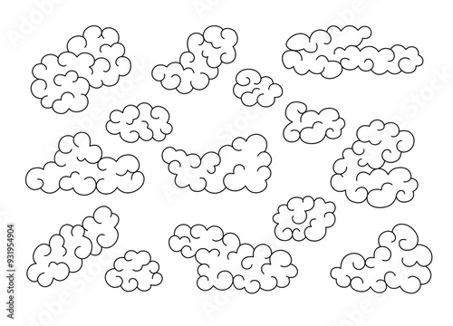 Japanese cloud set. Oriental Chinese Korean Tibetan engraving linear style. Hand draw Ukiyo-e touch cloud design elements. Vintage retro templates. Vector illustration.