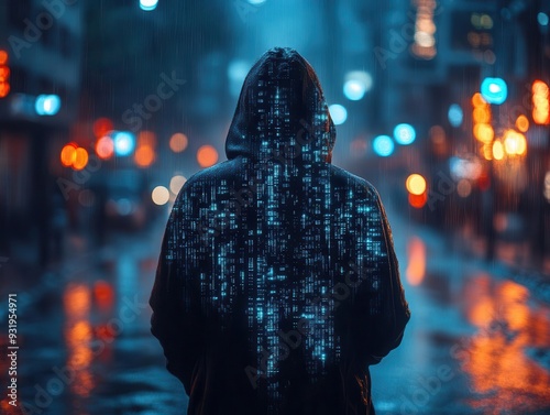 Wallpaper Mural ominous silhouette of a hooded hacker manipulating glowing data streams dark atmospheric scene with eerie blue light symbolizing cybersecurity threats and digital vulnerabilities Torontodigital.ca