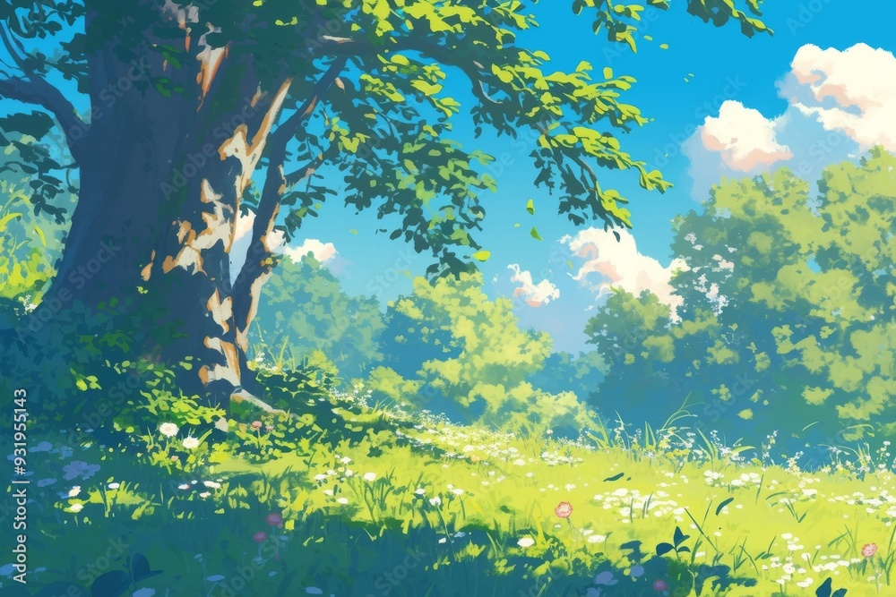 Lush green forest glade bathed in sunlight, anime or cartoon style. Idyllic summer landscape, concept of nature, tranquility, and peace. Lush green forest glade bathed in sunlight, anime or cartoon style. Idyllic summer landscape, concept of nature, tranquility, and peace.