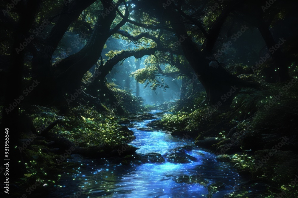 A serene fantasy forest, with bioluminescent plants and a soft, glowing river winding through ancient, twisted trees, soft lighting, and rich green and blue hues A serene fantasy forest, with bioluminescent plants and a soft, glowing river winding through ancient, twisted trees, soft lighting, and rich green and blue hues