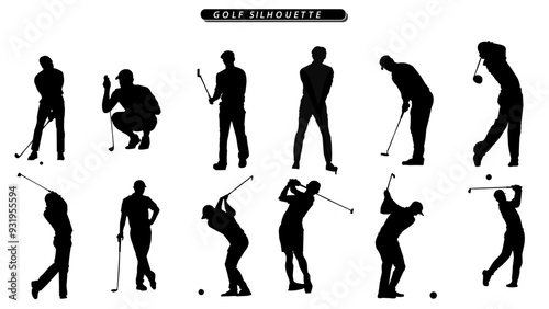 collection of Golf man silhouettes in different posses clipart vector illustrator