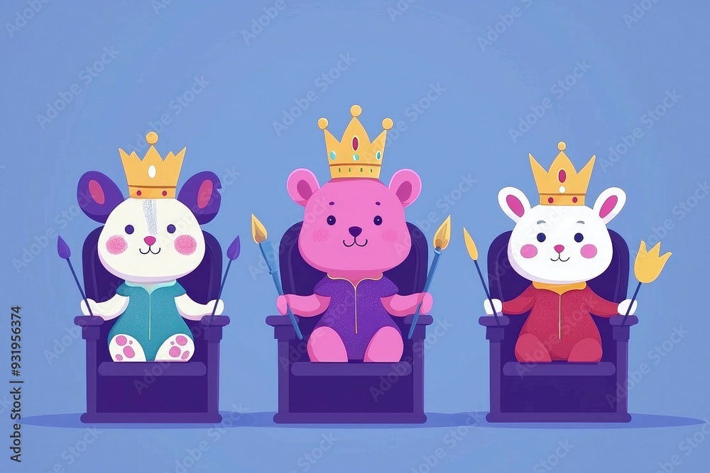 Naklejka premium Three Adorable Cartoon Animals Wearing Crowns and Sitting on Thrones