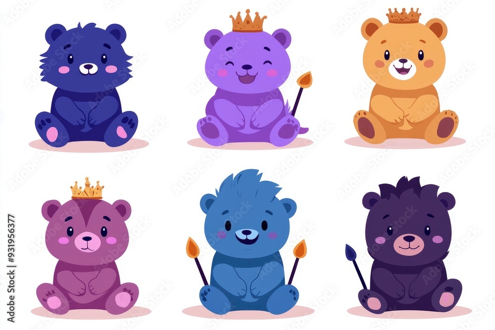 Fototapeta premium Cute Cartoon Bears with Crowns and Paintbrushes