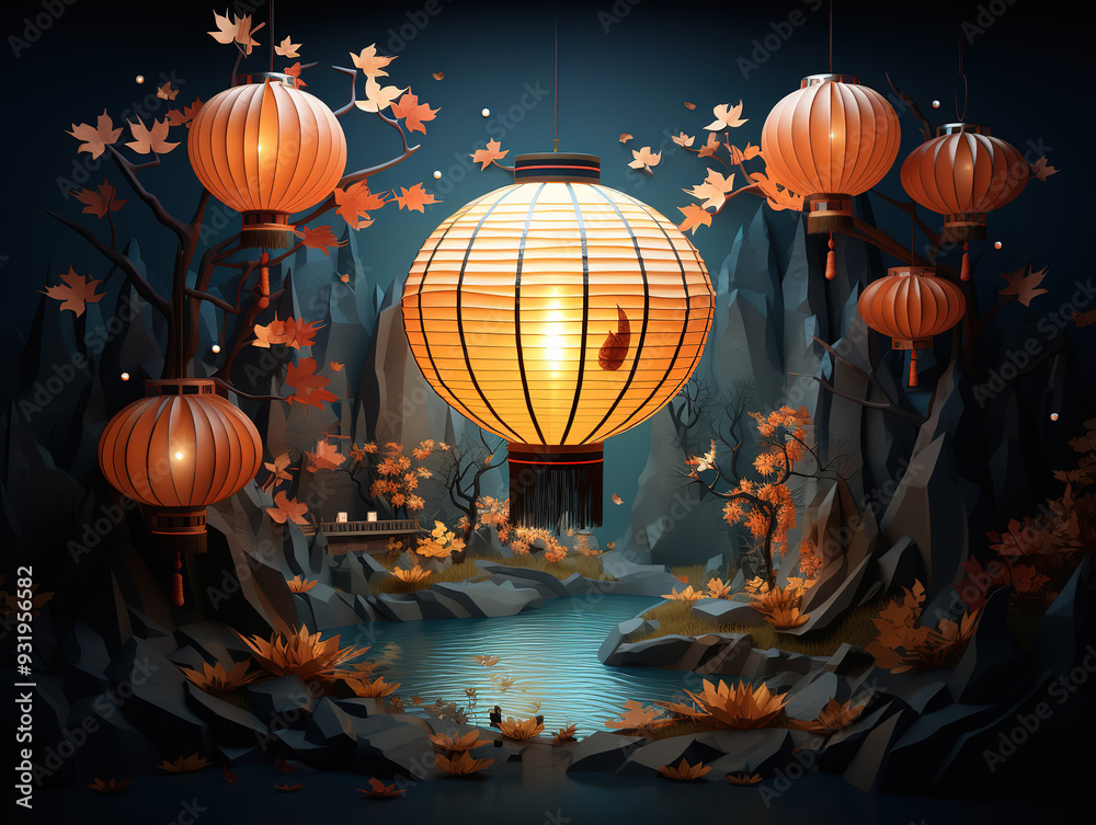 Bright Mid Autumn Festival with Paper Lantern Bright Mid Autumn Festival with Paper Lantern