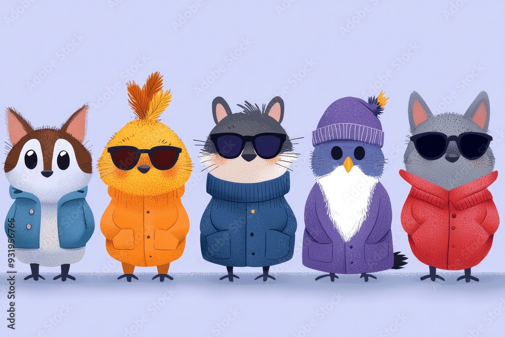 Obraz premium Cute Cartoon Animals Wearing Winter Clothes