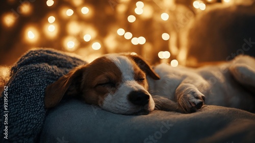 A small dog sleeping on a blanket with lights in the background. photo