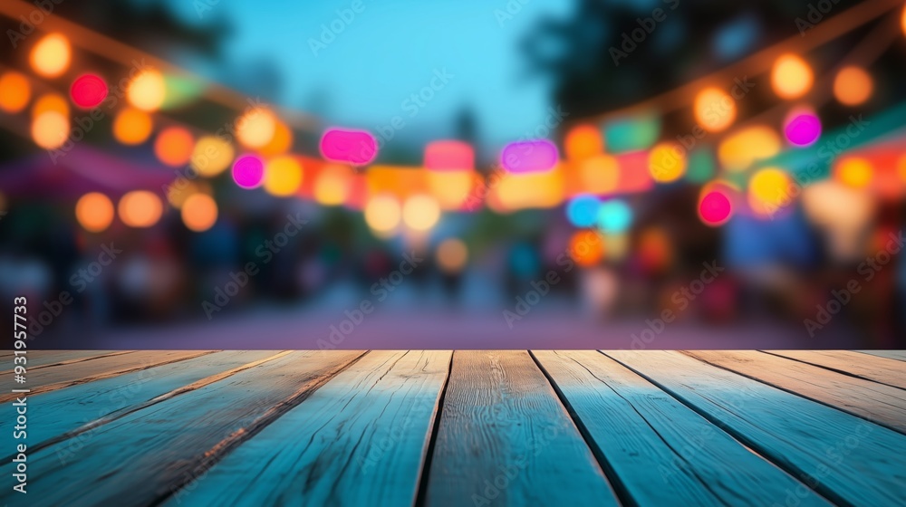 empty Wooden table top with colorful bokeh festival light garden background empty Wooden table top with colorful bokeh festival light garden background