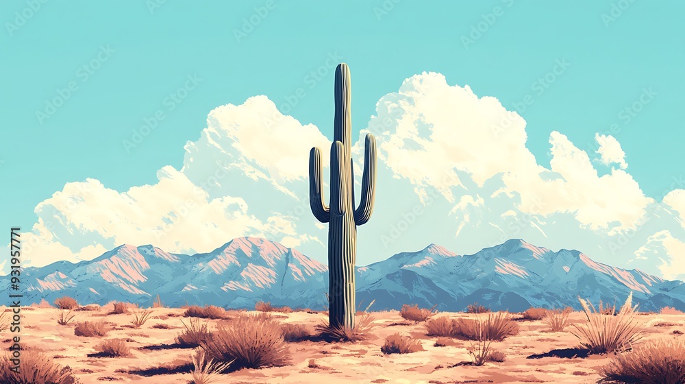 A Single Saguaro Cactus in a Desert Landscape with Mountains and Clouds A Single Saguaro Cactus in a Desert Landscape with Mountains and Clouds
