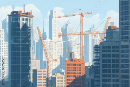 An Urban Construction Landscape Depicting Cranes and Heavy Machinery Against a Bustling City Skyline