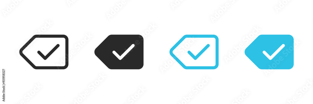 Checkmark in a arrow button illustration in 4 variations and 2 colors isolated. Vector icons in flat style Checkmark in a arrow button illustration in 4 variations and 2 colors isolated. Vector icons in flat style