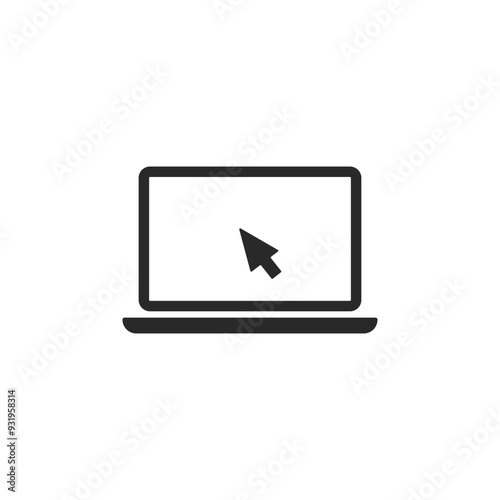 Laptop with a cyberspace cursor clicking on display black illustration isolated. Vector icon in flat style