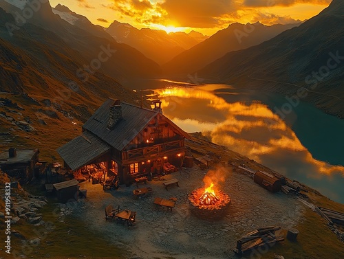 Drone shot of ozy cabin overlooking a vast nordic landscape, sunset casting golden light over the scene, peaceful retreat photo