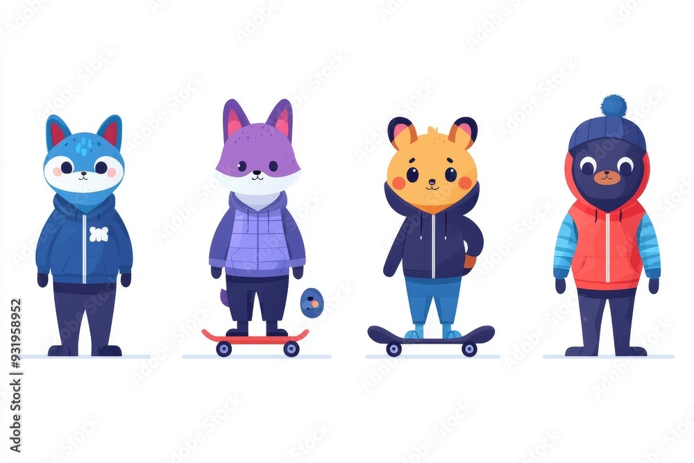 Fototapeta premium Cute Cartoon Animals in Winter Outfits Skateboarding