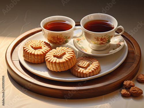 Bright Three cups of tea and three mooncakes served on white plate