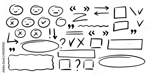 Set of graphic black elements of scribbles, notes, underlines, frames, highlights, accents, emotions on margins of summary, text document. Vector hand-drawn illustration on an isolated background.