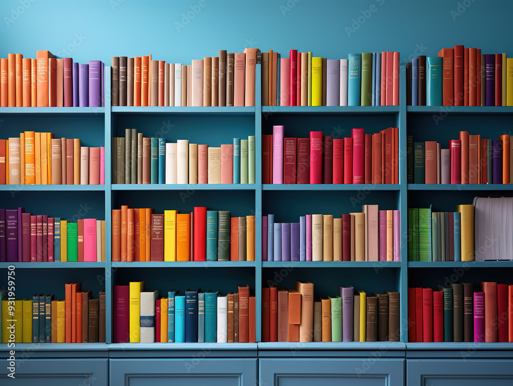 Fototapeta premium Bright Books arranged in shelf at library