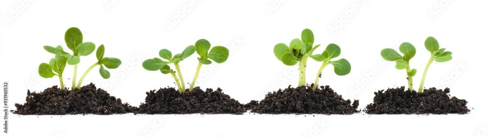 Five Green Seedlings Growing in Soil Against White Background Five Green Seedlings Growing in Soil Against White Background