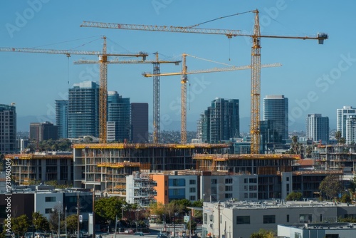 A vibrant cityscape showcasing construction cranes interspersed among towering skyscrapers