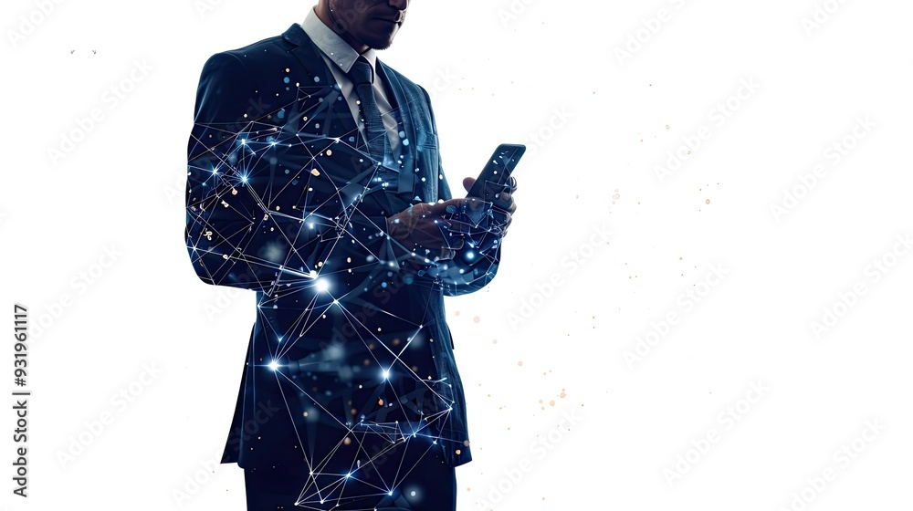 Businessman Using Smartphone with Technology Overlay Businessman Using Smartphone with Technology Overlay