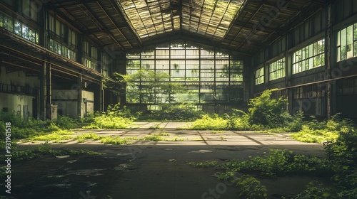 Fototapeta Naklejka Na Ścianę i Meble -  72. **An empty convention hall with nature creeping into the once-bustling space