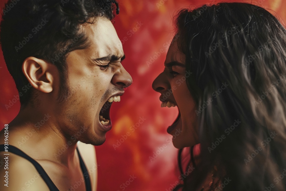 Angry young adult Latin American woman yelling versus her husband on color background. Hispanic man and latin woman screaming each other during a fight at home. Upset couple having a heated discussion Angry young adult Latin American woman yelling versus her husband on color background. Hispanic man and latin woman screaming each other during a fight at home. Upset couple having a heated discussion