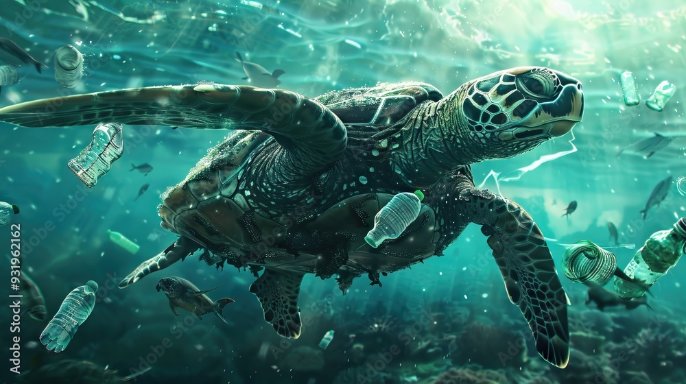 Fototapeta premium Sea turtle swimming in plastic filled ocean. Oceans pollution concept.