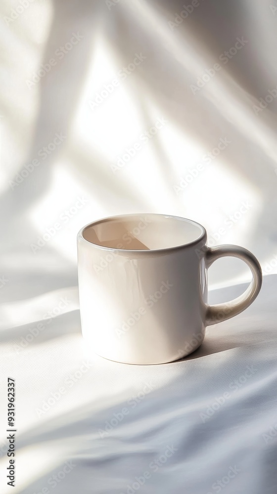 White mug standing on white cloth with window light shadows White mug standing on white cloth with window light shadows