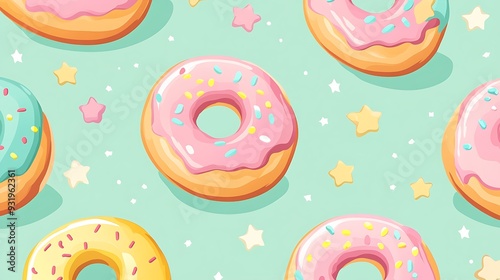 Sweet Delights - Cartoon Donut Pattern on Mint Green Background with Polka Dots and Stars, Vector Illustration with Cheerful Colors