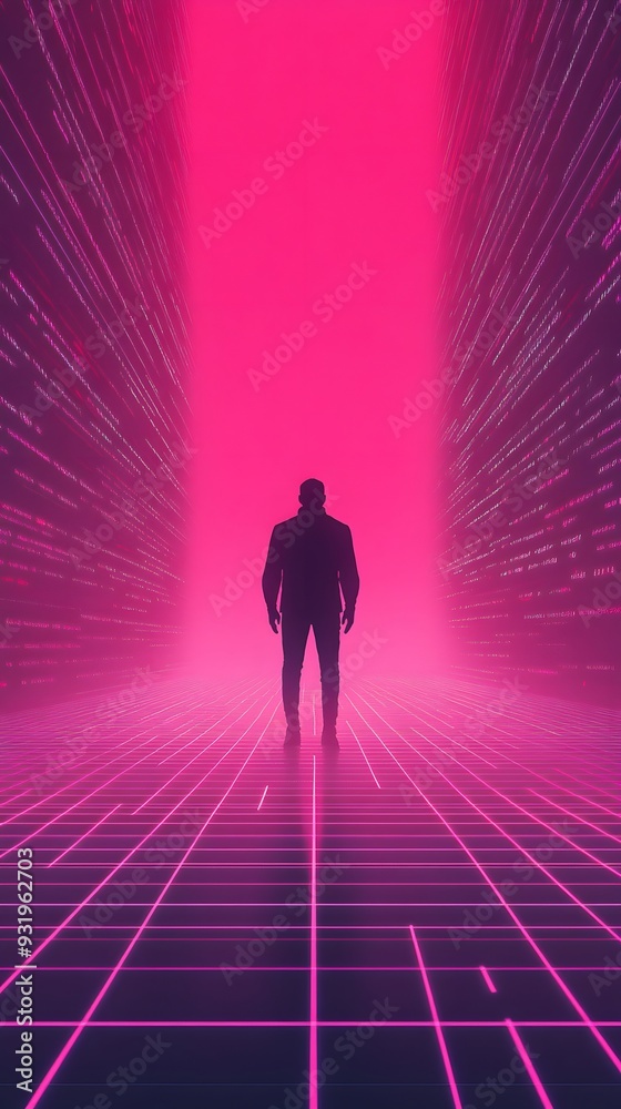 Silhouette of a man standing in a glowing pink digital space, with a grid pattern and data streams. Silhouette of a man standing in a glowing pink digital space, with a grid pattern and data streams.