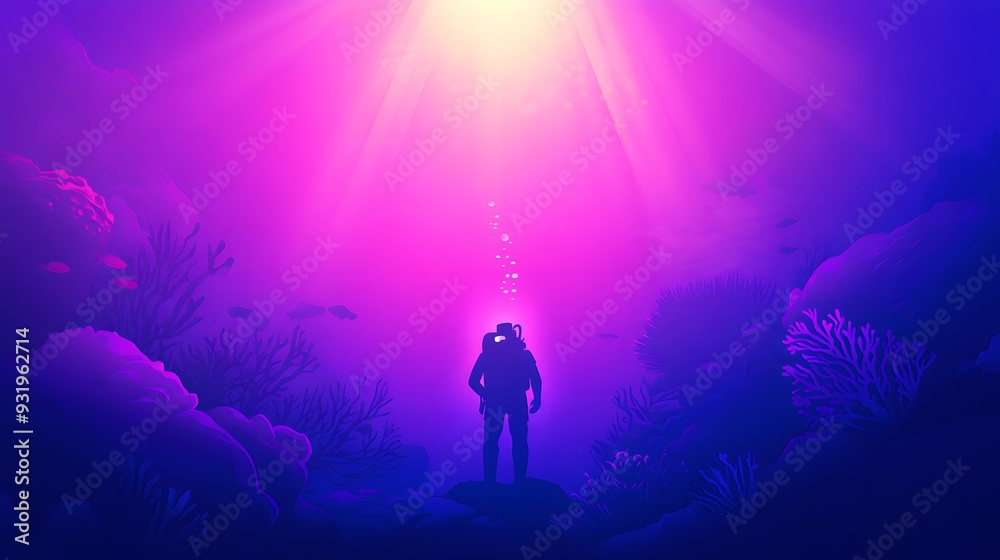 Fototapeta premium Silhouette of a couple standing on a rock, bathed in an ethereal purple and pink glow emanating from the water, surrounded by underwater plants and coral.