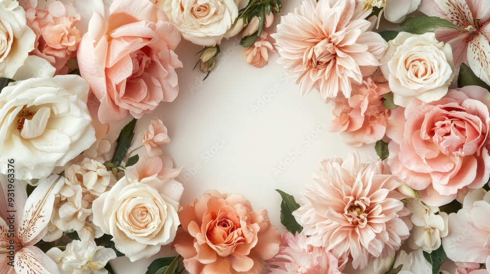 A delicate arrangement of pastel-hued roses, dahlias, and other blooms create a beautiful frame around a white background, perfect for adding a touch of elegance and romance to any design project. A delicate arrangement of pastel-hued roses, dahlias, and other blooms create a beautiful frame around a white background, perfect for adding a touch of elegance and romance to any design project.