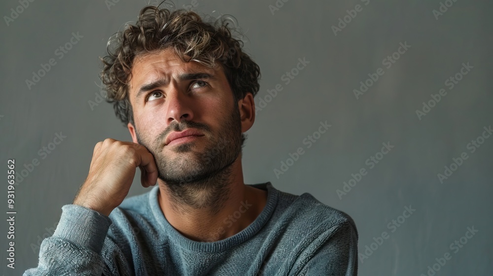 Obraz premium Thinking caucasian man portrait over gray wall background